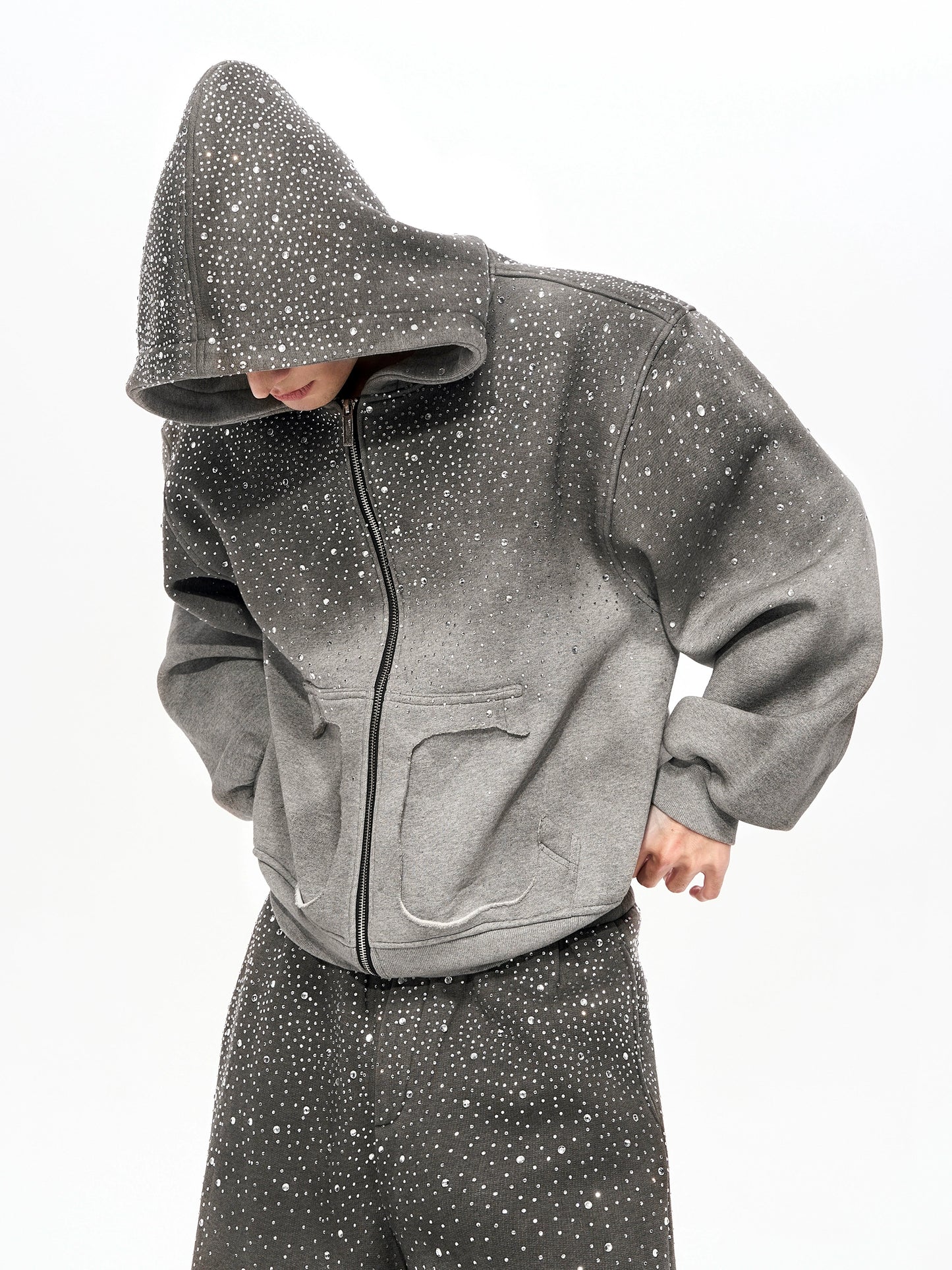 Rhinestone Fake Fur Lining Hoodie & Sweat Pants Setup WN22149
