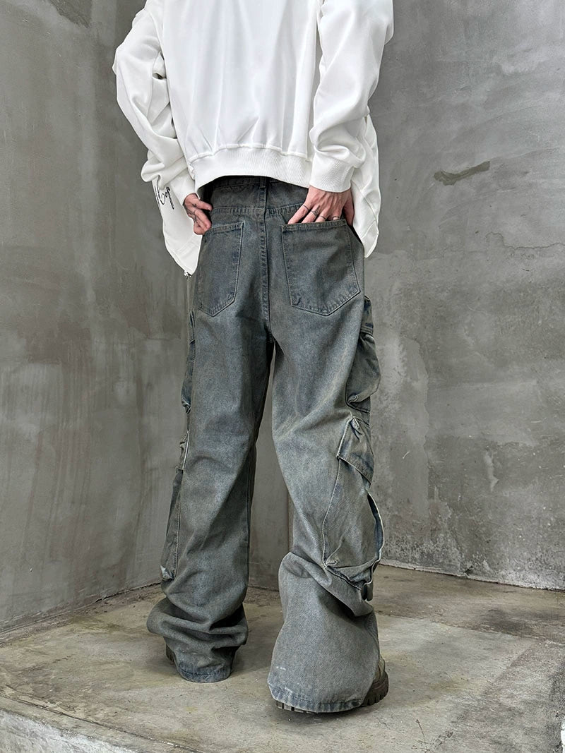 Dye Washed Multi-Pocket Straight Cargo Denim Jeans WN21167