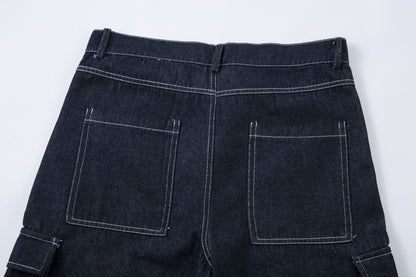 Washed Wide-Leg Cargo Denim Pants WN12733