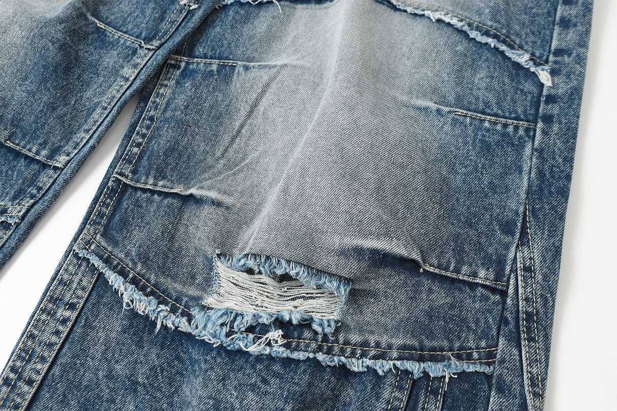 Washed Damage Splice Wide Leg Denim Jeans WN25742