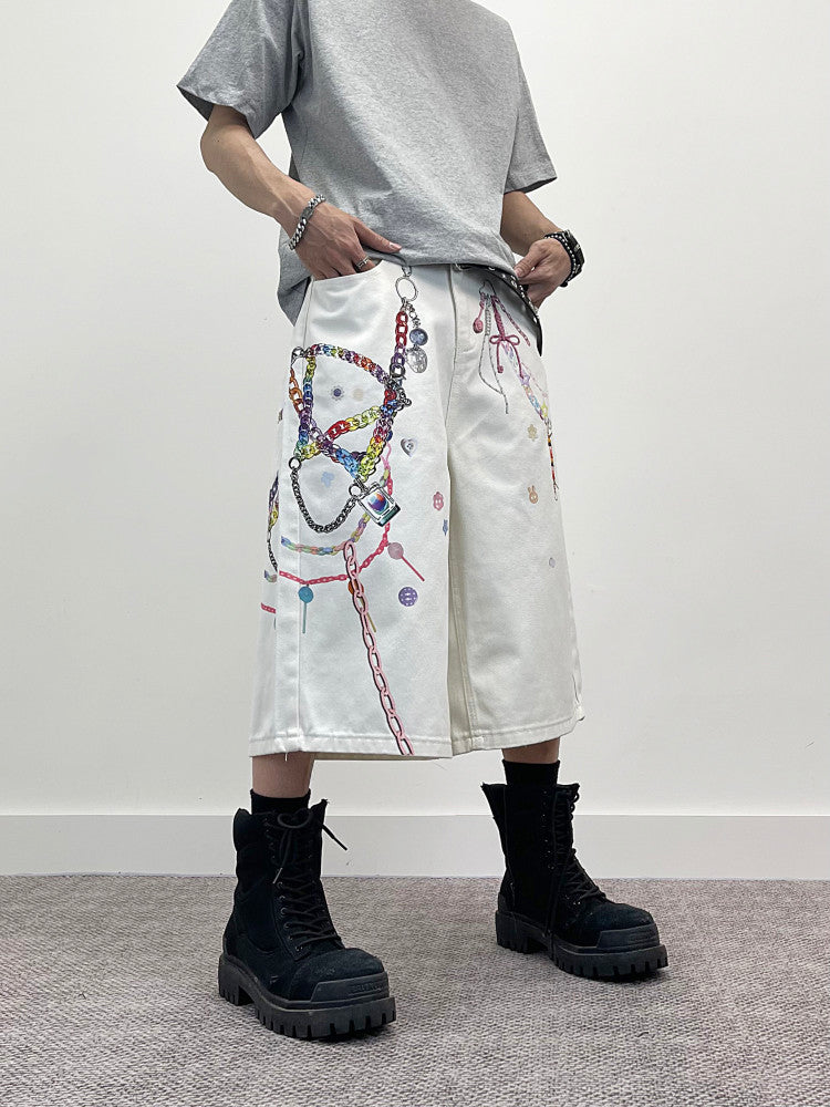 3D Chain Print Wide Leg Half Denim Jeans WN24263