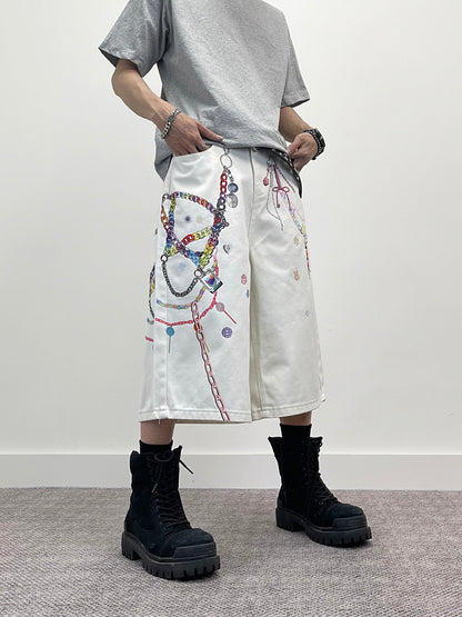 3D Chain Print Wide Leg Half Denim Jeans WN24263
