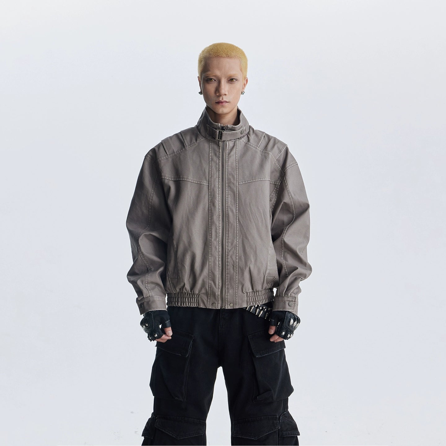 Deconstruction Patchwork Standing-Collar Belt Oversize PU Leather Jacket WN20813