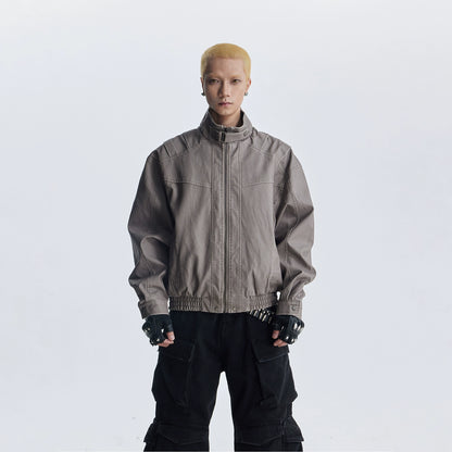 Deconstruction Patchwork Standing-Collar Belt Oversize PU Leather Jacket WN20813