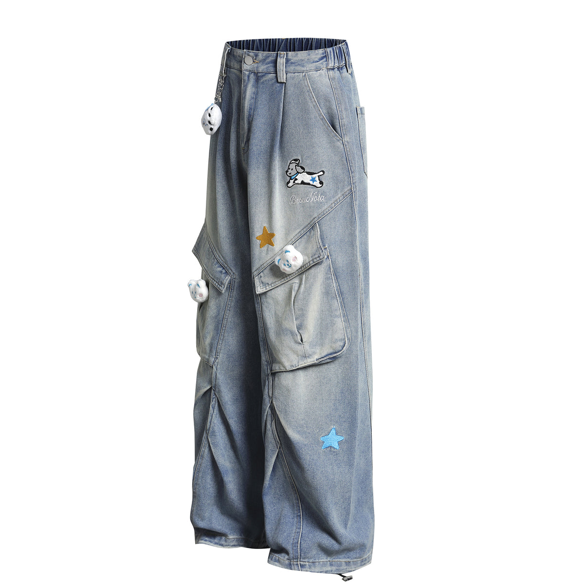 Pleated Dog Embroidery Detachable Dog Charm Wide Leg Denim Jeans WN26803