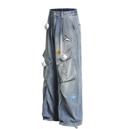 Pleated Dog Embroidery Detachable Dog Charm Wide Leg Denim Jeans WN26803