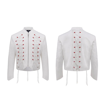 Drawstring Design Stand Neck Short Jacket & Wide Leg Trousers Setup WN20508