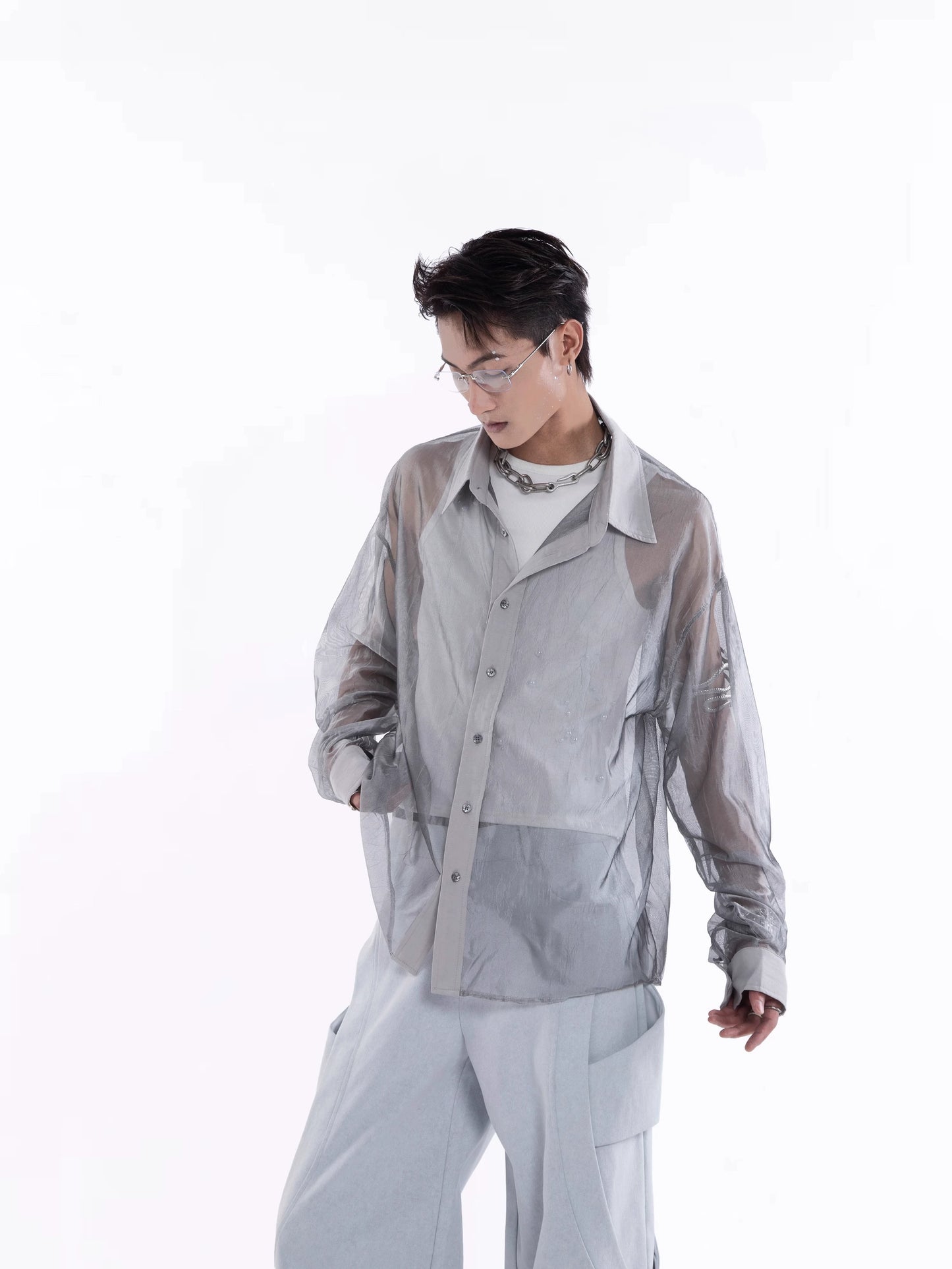 Sheer Draped Oversize Long Sleeve Shirt WN20643