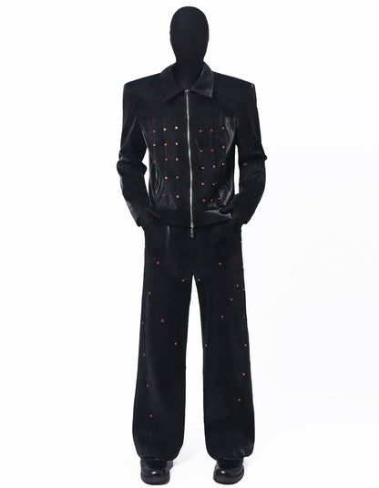 Studs Design PU Leather Jacket & Studs Design Wide Leg Pants Setup WN23662