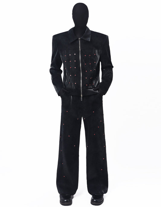 Studs Design PU Leather Jacket & Studs Design Wide Leg Pants Setup WN23662