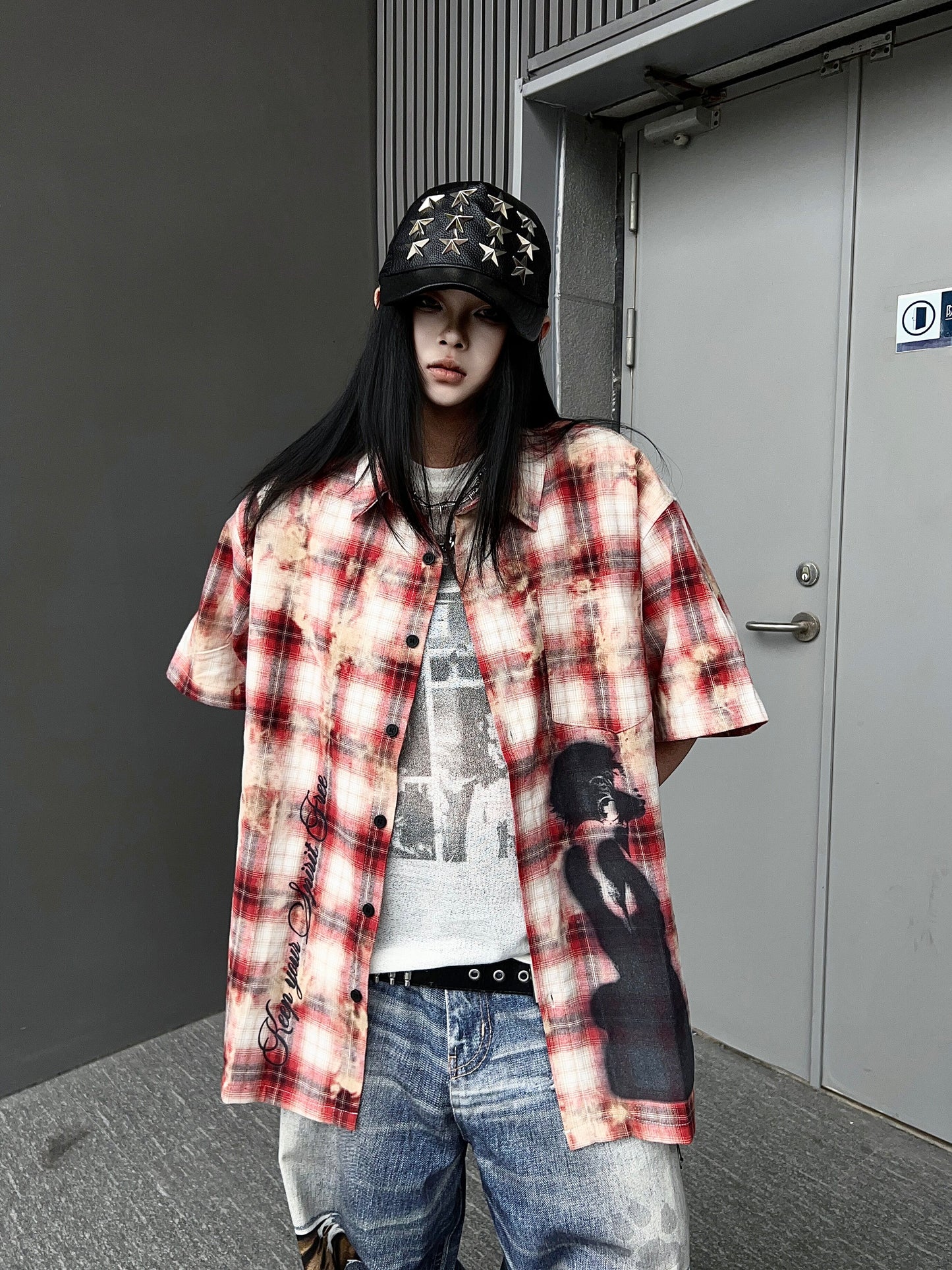 Plaid Damage Print Short Sleeve Shirt  WN24190