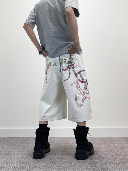 3D Chain Print Wide Leg Half Denim Jeans WN24263