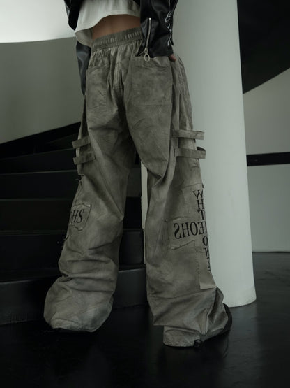 Dirty Dye Patchwork Print Wide Leg Cargo Pants WN27837