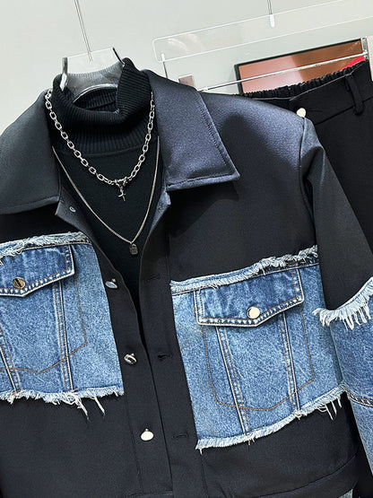 Deconstructed Fringe Patchwork Short Jacket & Straight Denim Jeans Setup WN23904