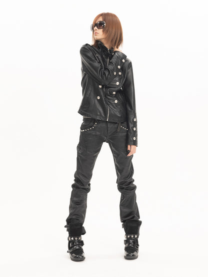 Studs Detail Washed Straight Denim Jeans WN27248