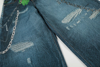 Washed 3D Print Curved Wide Leg Denim Jeans WN25920