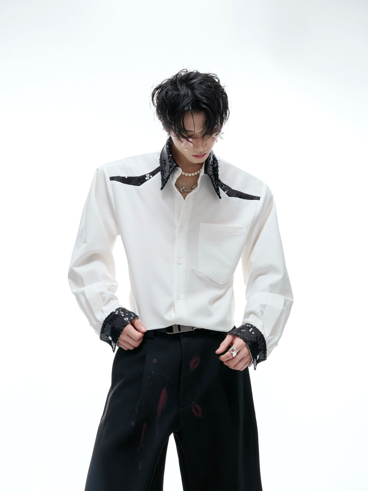 Sequin Colorblock Drape Shoulder-Pad Long Sleeve Shirt WN20531