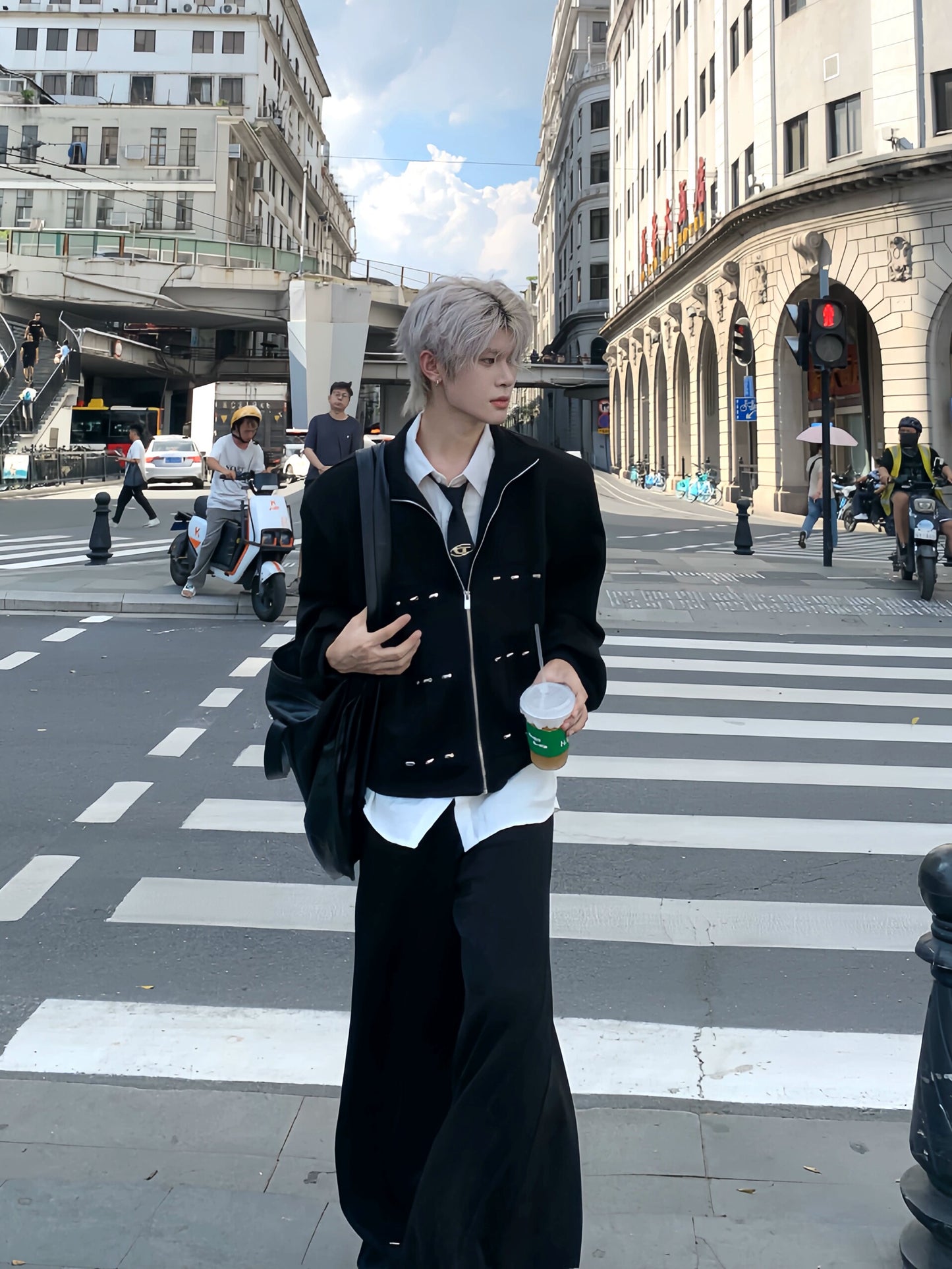 Shoulder-Pad Cropped Zipper Jacket & Wide Leg Jogger Pants Setup WN19903