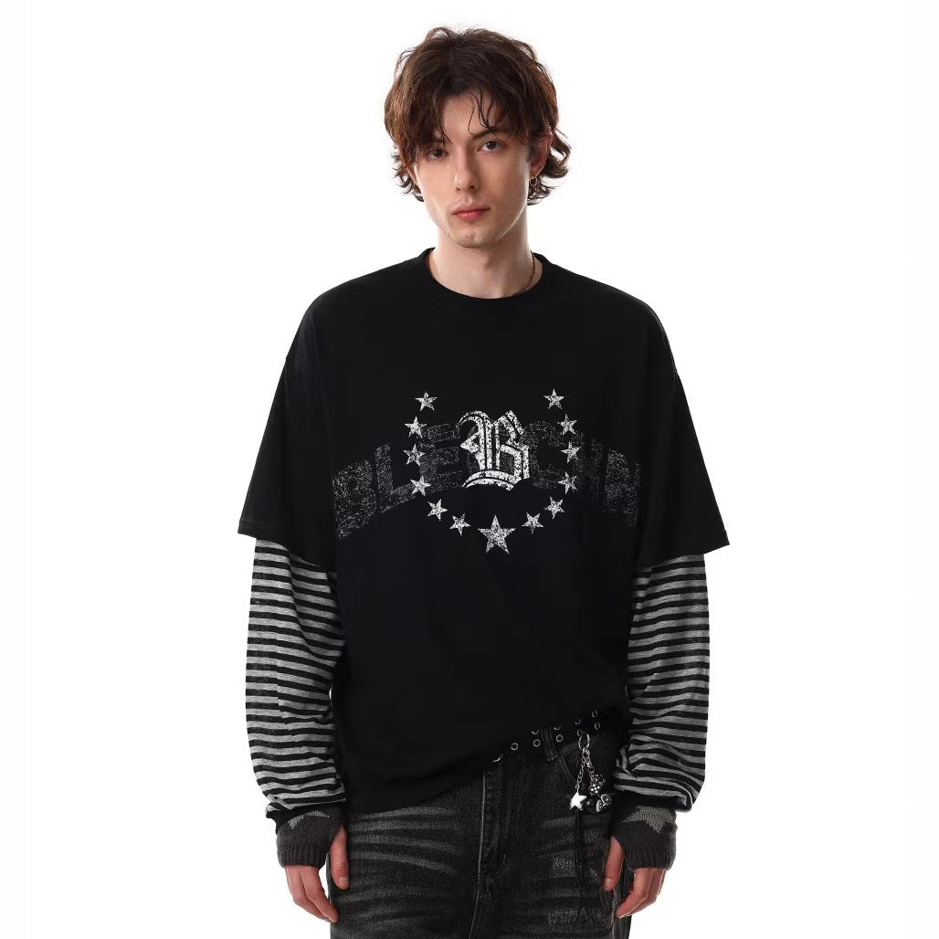 Fake Layered Stripe Graphic Long Sleeve T-Shirt WN28013