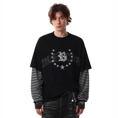 Fake Layered Stripe Graphic Long Sleeve T-Shirt WN28013