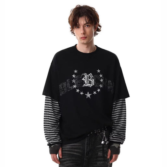 Fake Layered Stripe Graphic Long Sleeve T-Shirt WN28013