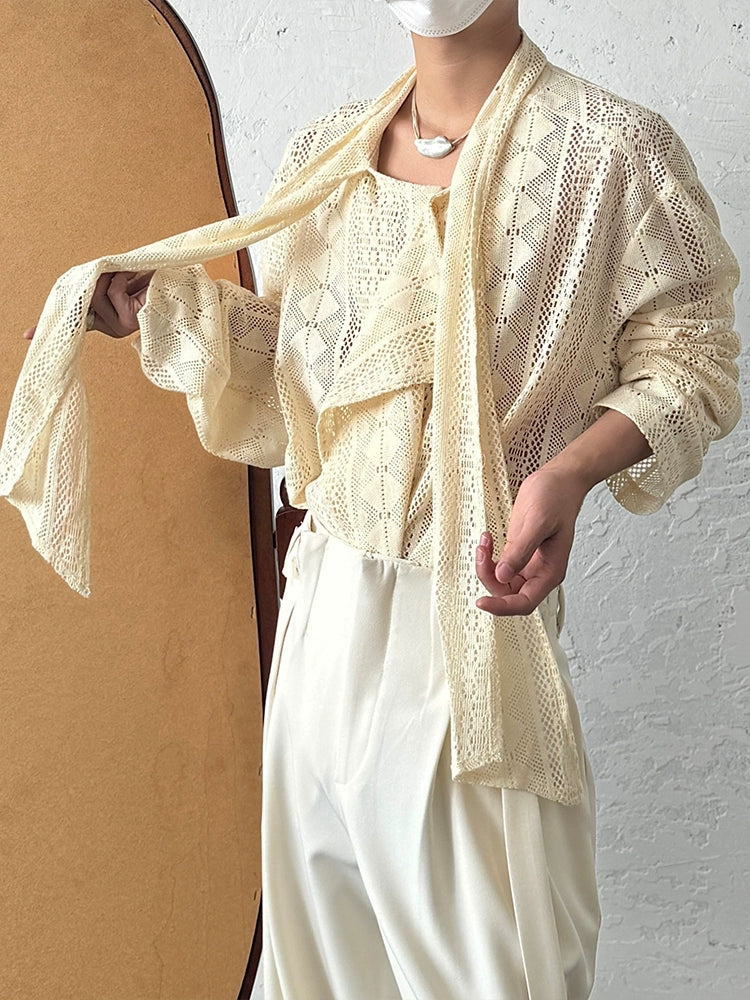 Jacquard Lace Patchwork Ribbon Long Sleeve Shirt WN19980