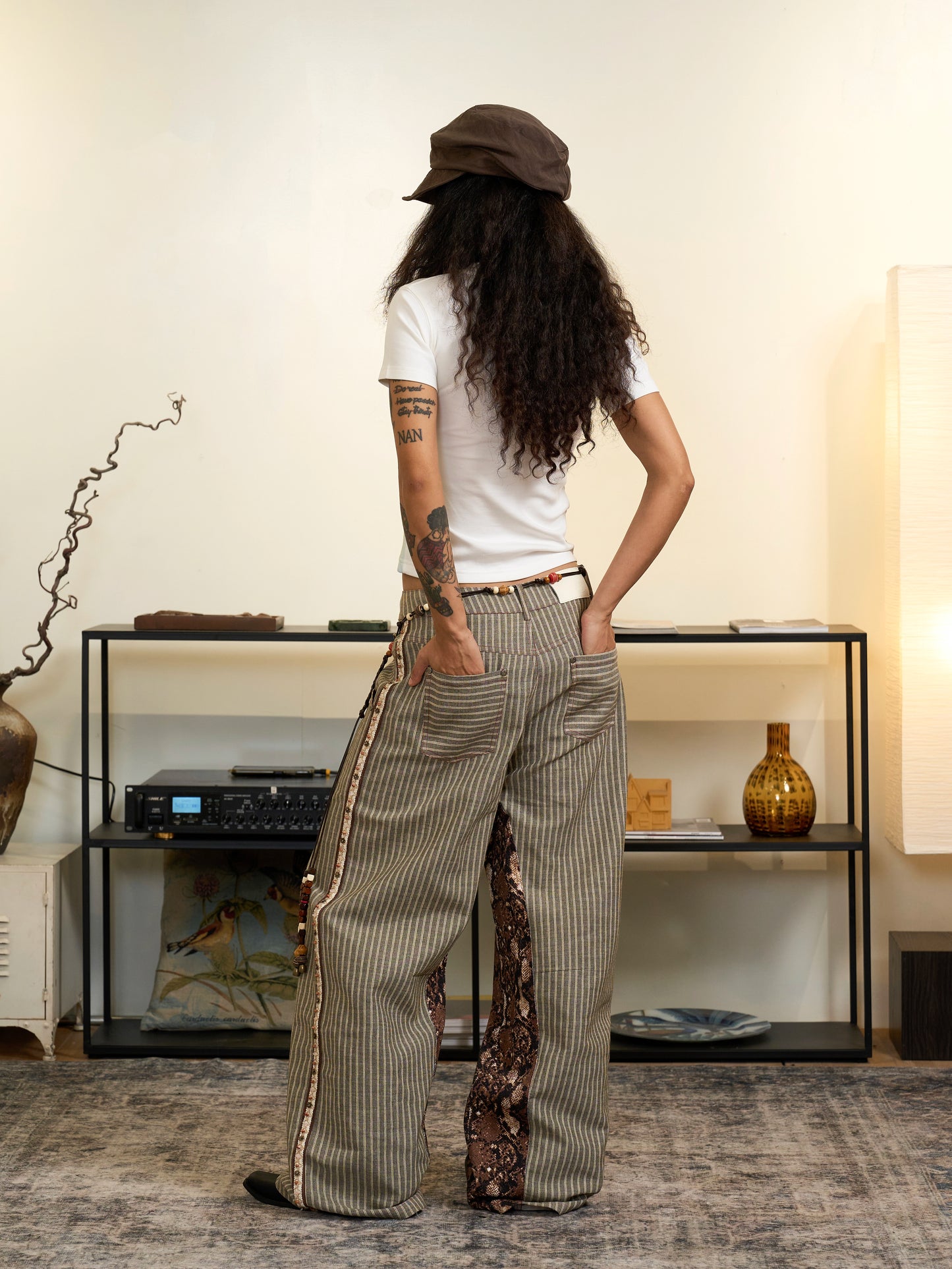Snake Print Striped Patchwork Straight Leg Trousers WN18850