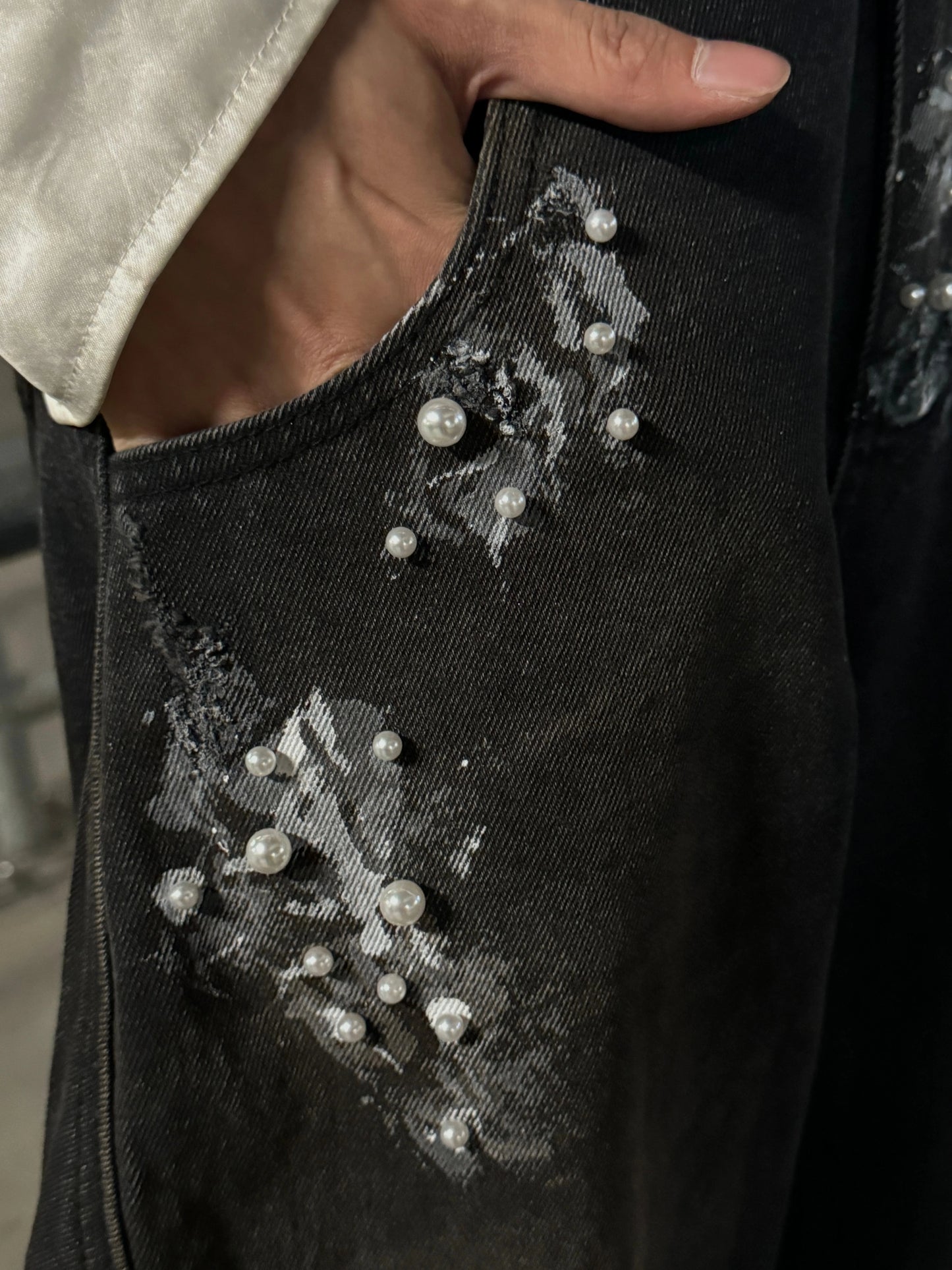 Paint Pearl Design Wide Leg Denim Jeans WN20730