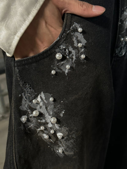 Paint Pearl Design Wide Leg Denim Jeans WN20730