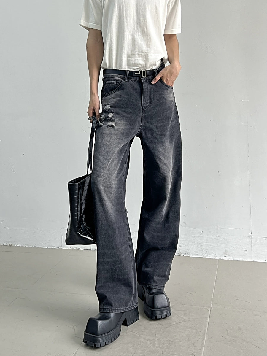 Washed Damage Flare Long Denim Jeans WN11644