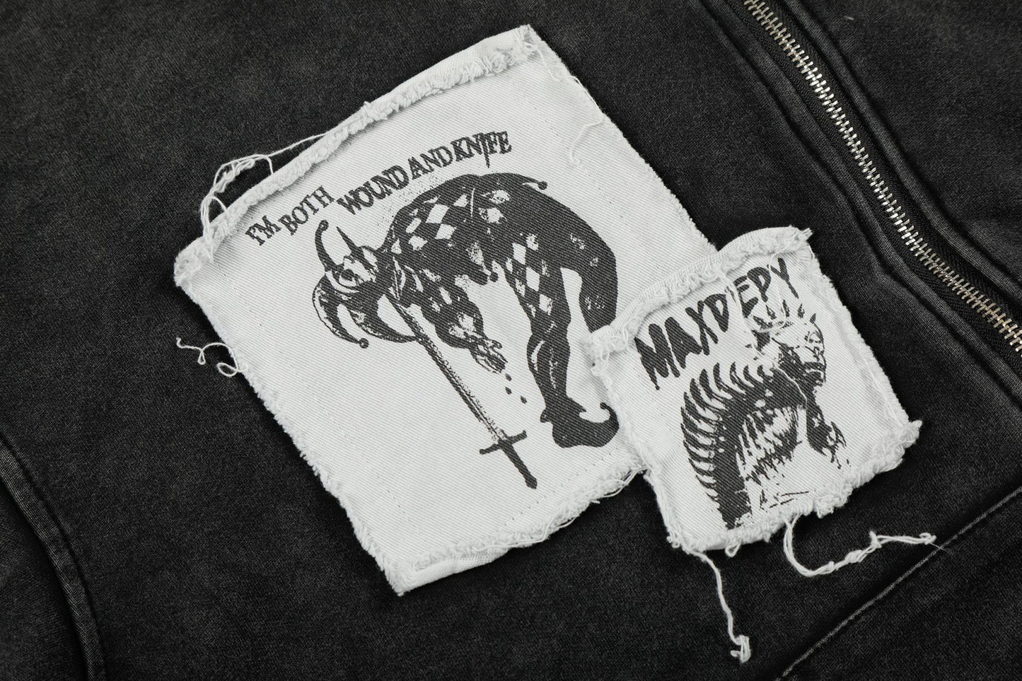 Washed Patch Logo Print Zipper Hoodie WN25763