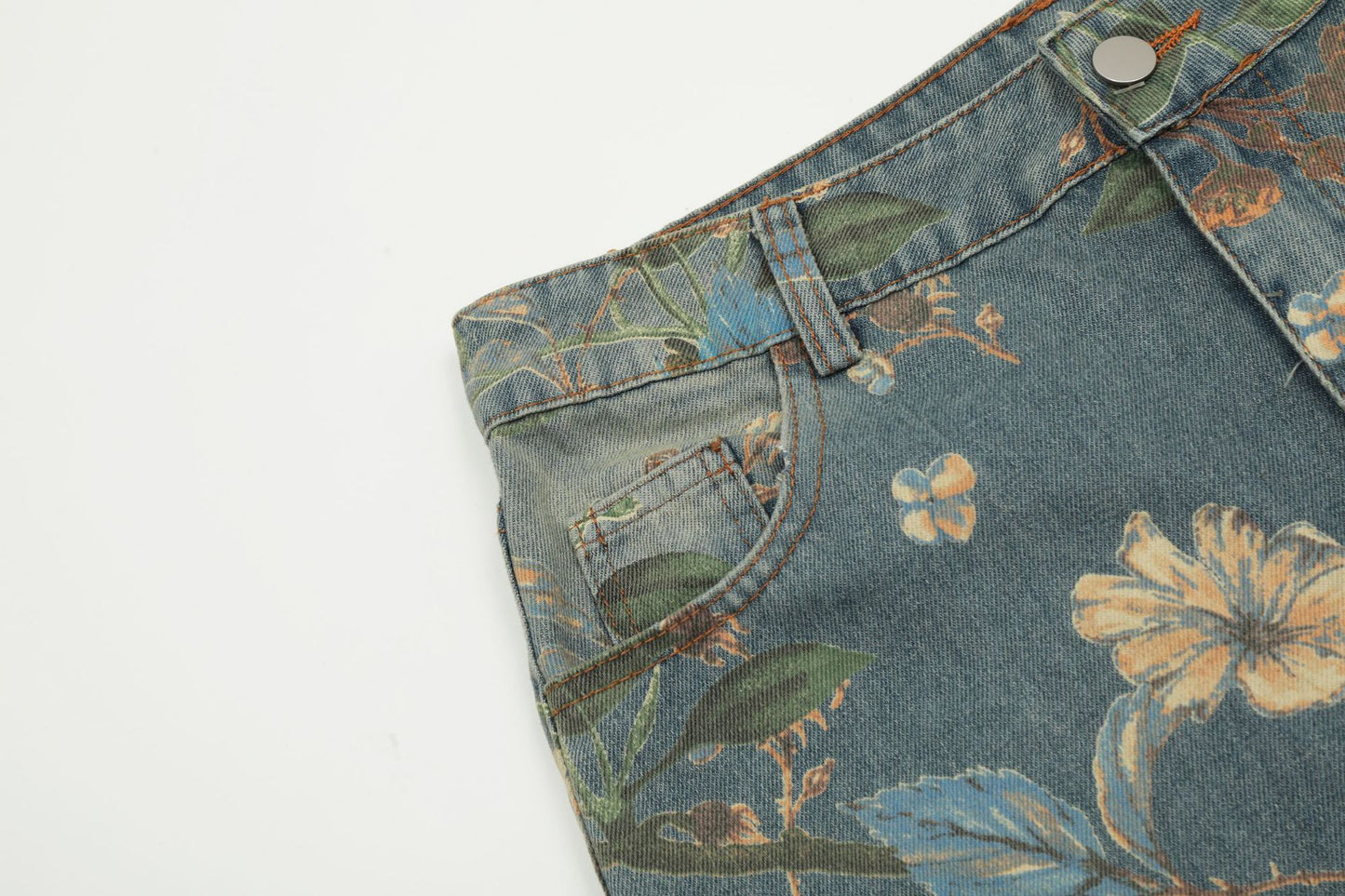 Froral Print Wide-Leg Straight Denim Jeans WN11110