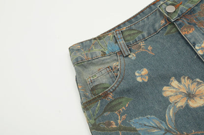 Froral Print Wide-Leg Straight Denim Jeans WN11110