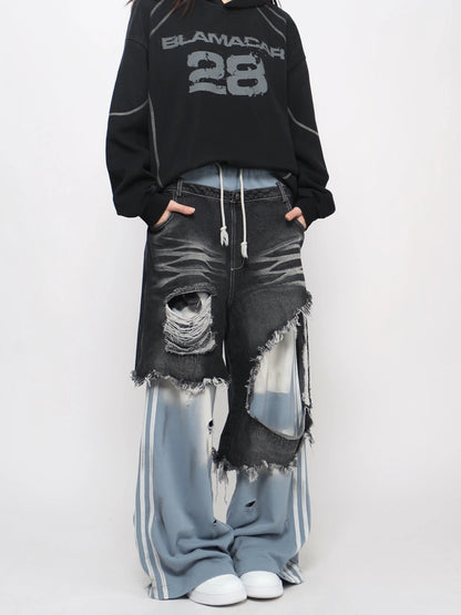 Damage Hole Fake Layered Stripe Sweatpants WN21052