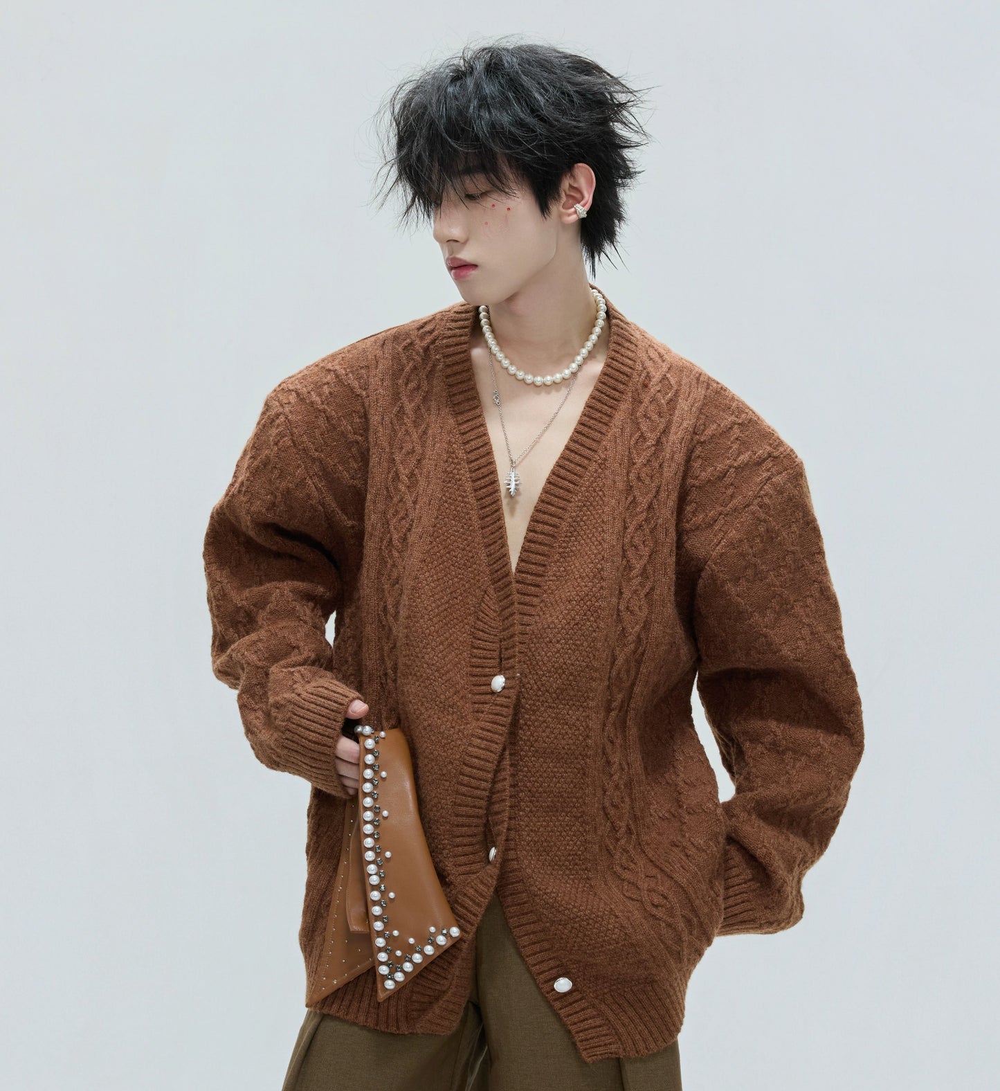 Fake Layered Pearl Embellished Lapel Thick Knit Cardigan WN21722