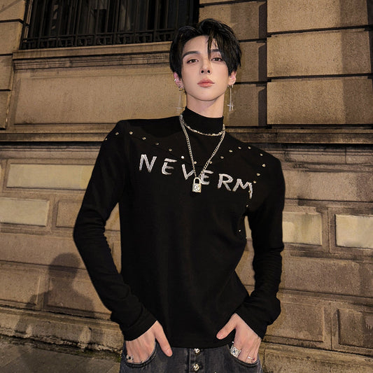 High-Neck Stud Letter Knit T-hsirt WN25145