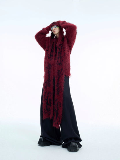 Oversize Shaggy Knit Sweater & Beanie & Scarf 3piece Set WN10562