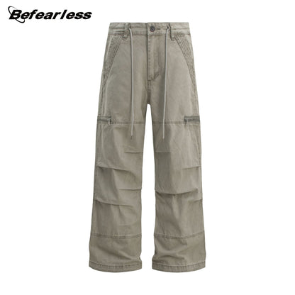 Heavyweight Washed Pleats Wide Leg Cargo Pants WN26307