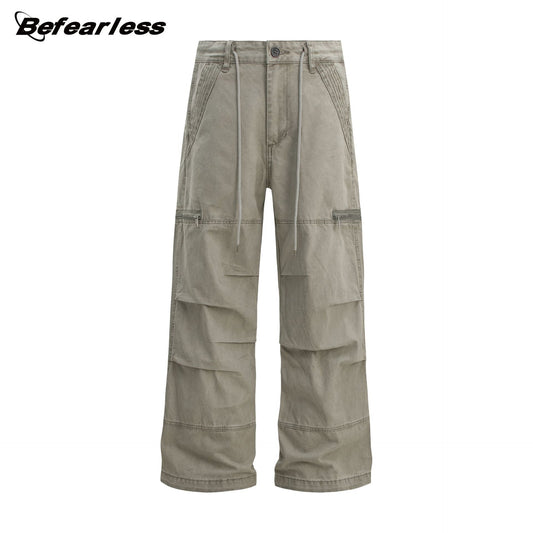 Heavyweight Washed Pleats Wide Leg Cargo Pants WN26307