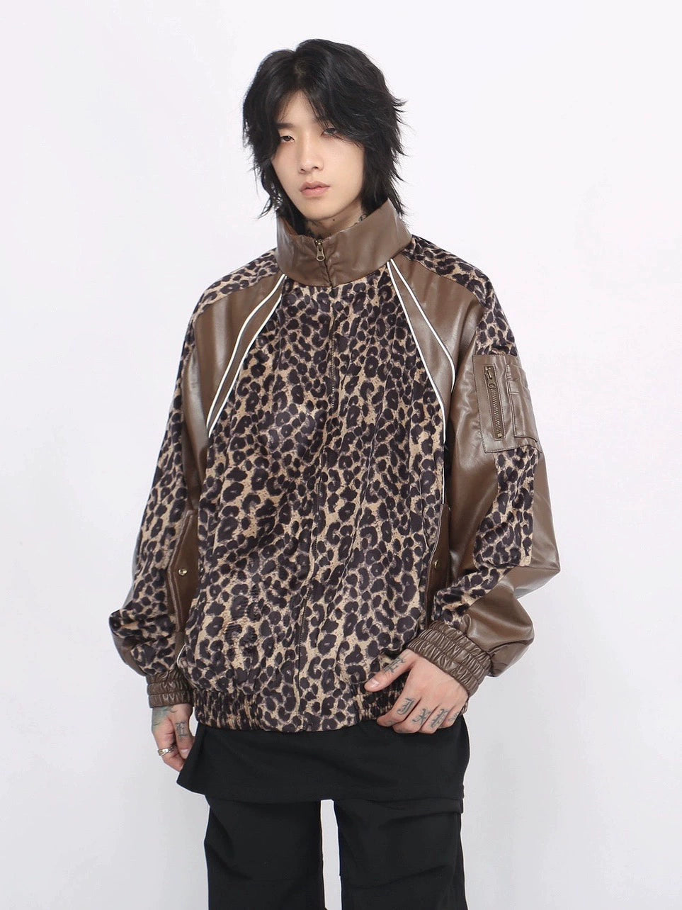 Stand Neck Leopard Print PU Leather Mix Jacket WN8371