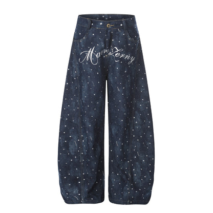 Star Print Curved Wide Leg Denim Jeans WN25696
