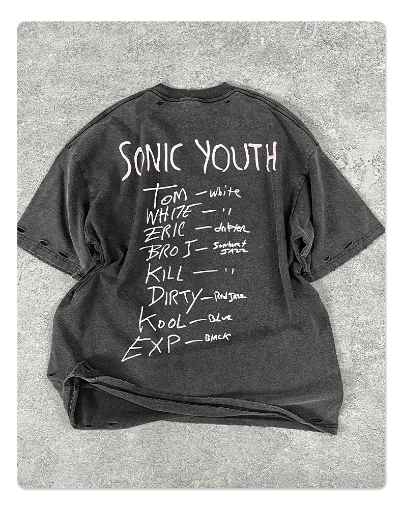 Washed Damage Digital Spray Print Short Sleeve T-Shirt WN16279