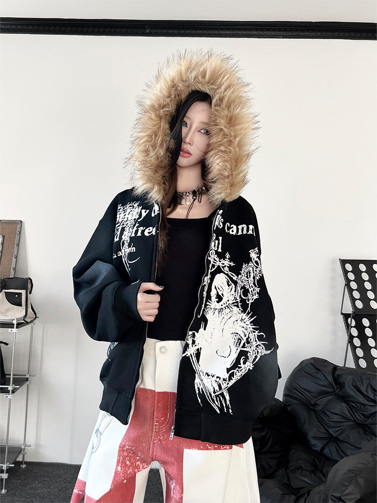 Fake Fur Collar Graphic Print Oversize Zipper Hoodie WN24193