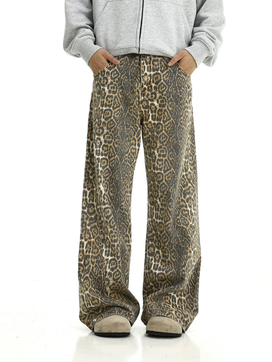 Leopard Wide-leg Straight Denim Jeans WN5806