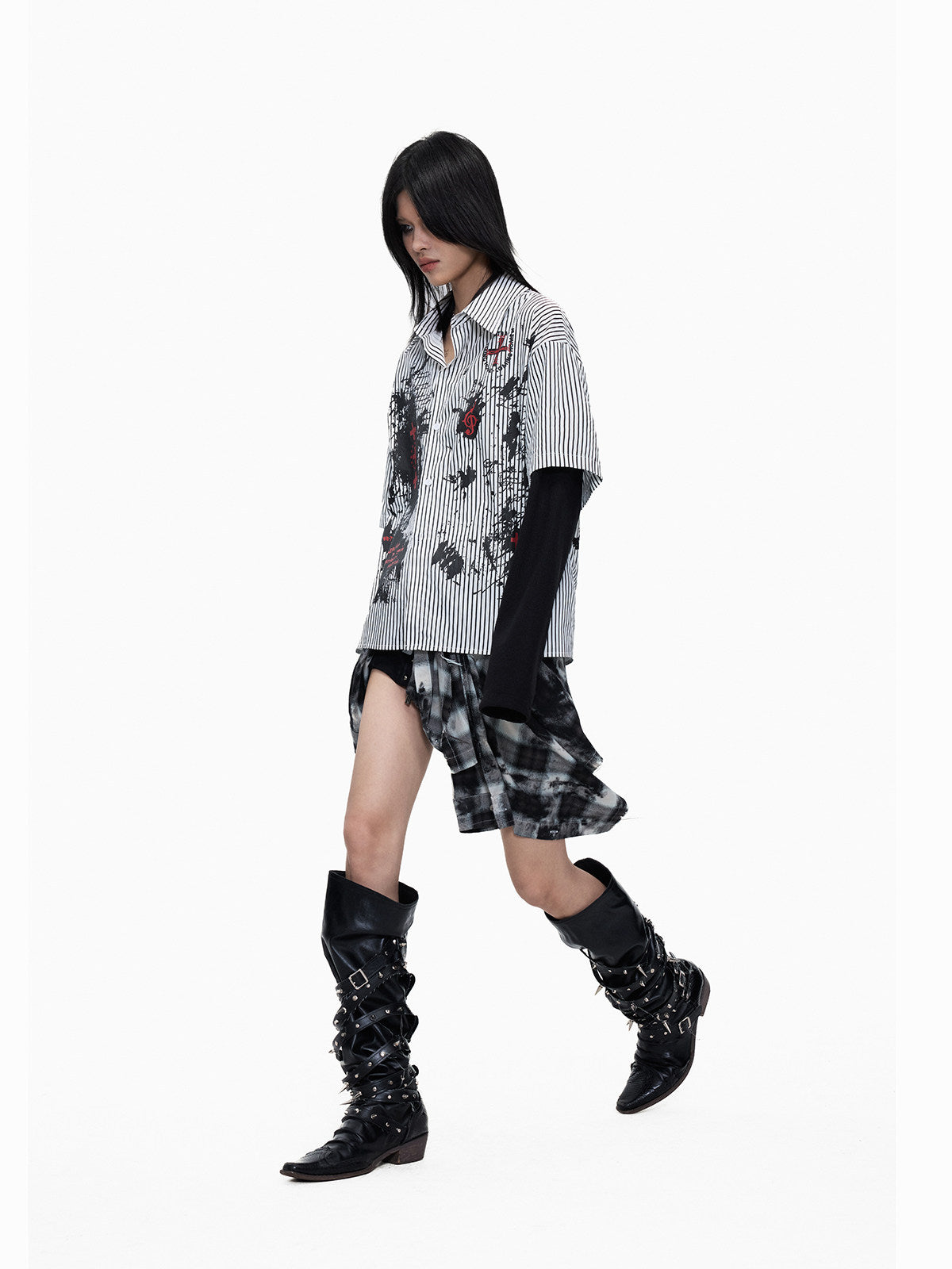 Striped Cross Print Fake Layered Long Sleeve Shirt WN27273