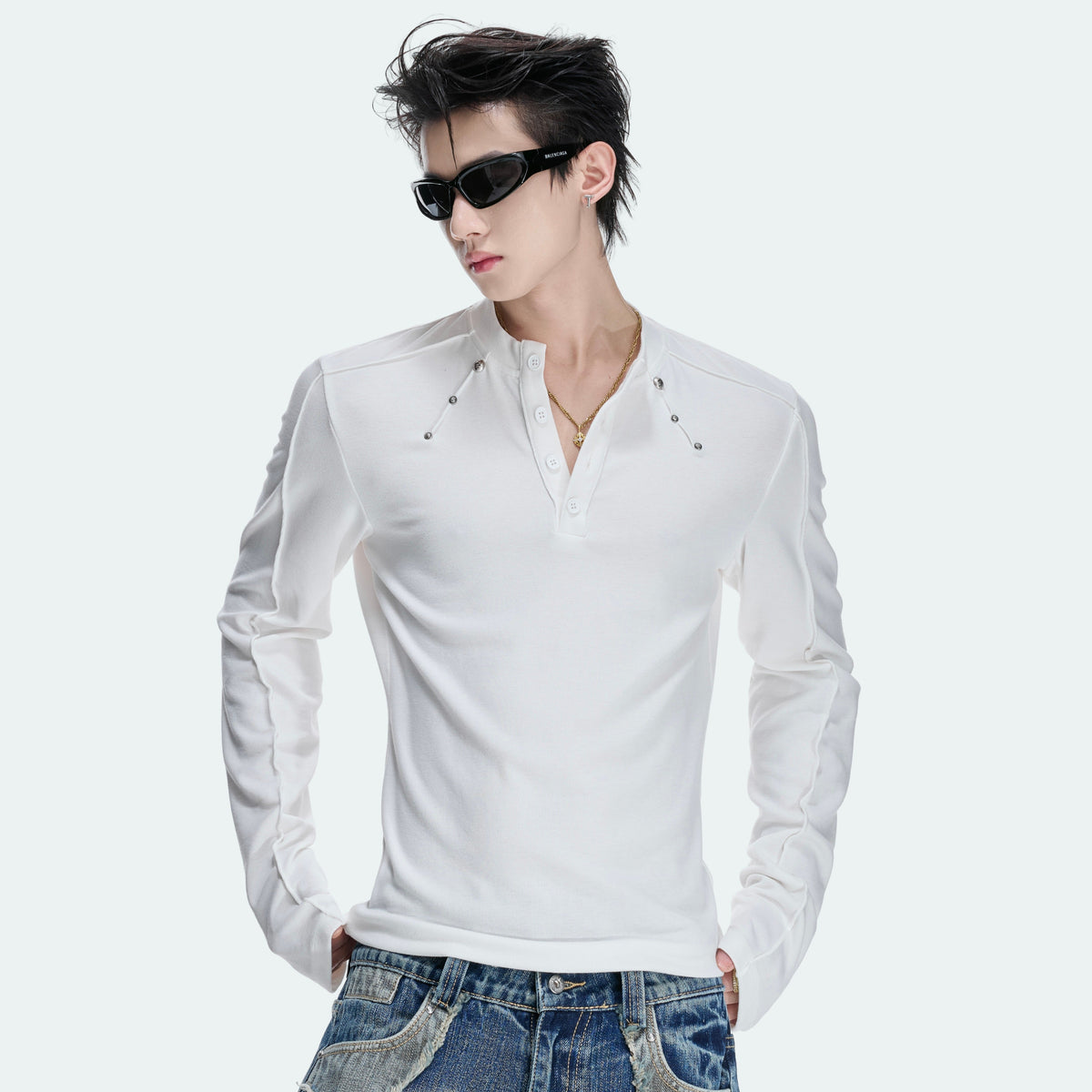 Henley Neck Rivet Stretch Long Sleeve T-Shirt WN27046