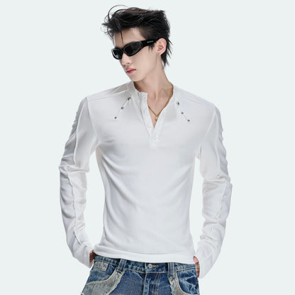 Henley Neck Rivet Stretch Long Sleeve T-Shirt WN27046