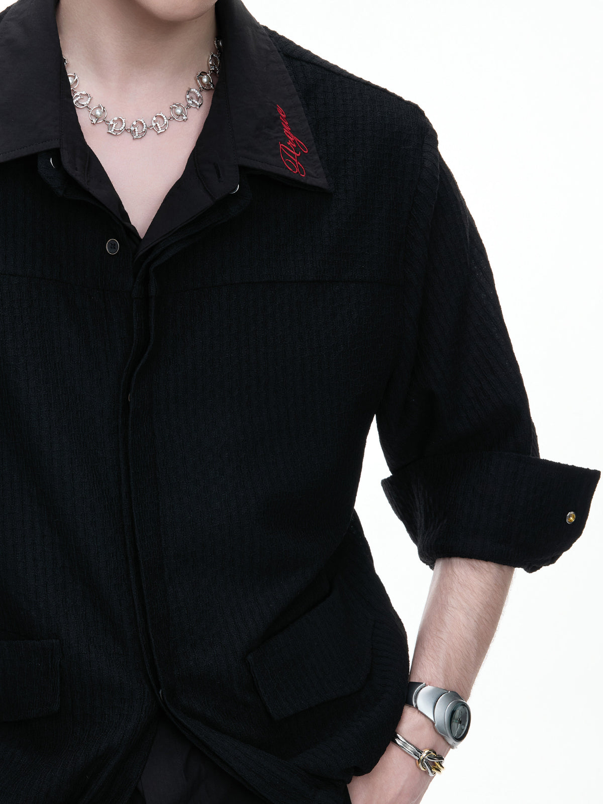 Fake Layered Embroidery Breathable Pocket Long Sleeve Shirt WN27033