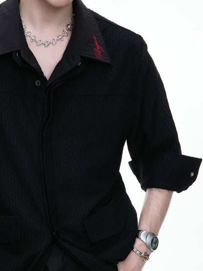 Fake Layered Embroidery Breathable Pocket Long Sleeve Shirt WN27033