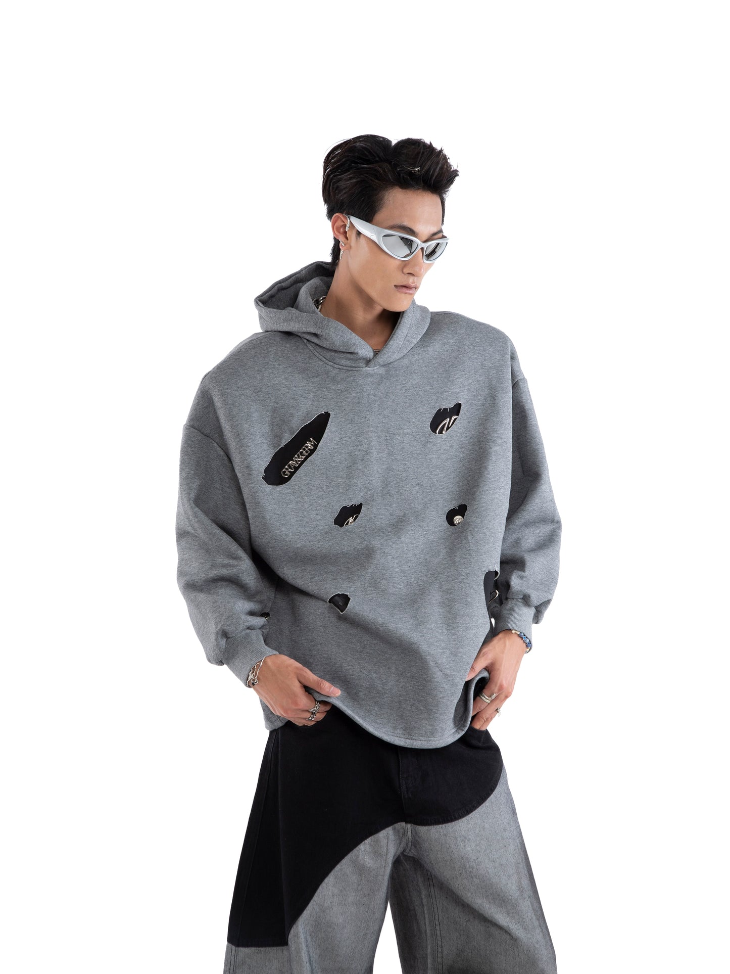 Asymmetrical Rivet Damage Zipper Hoodie WN20650